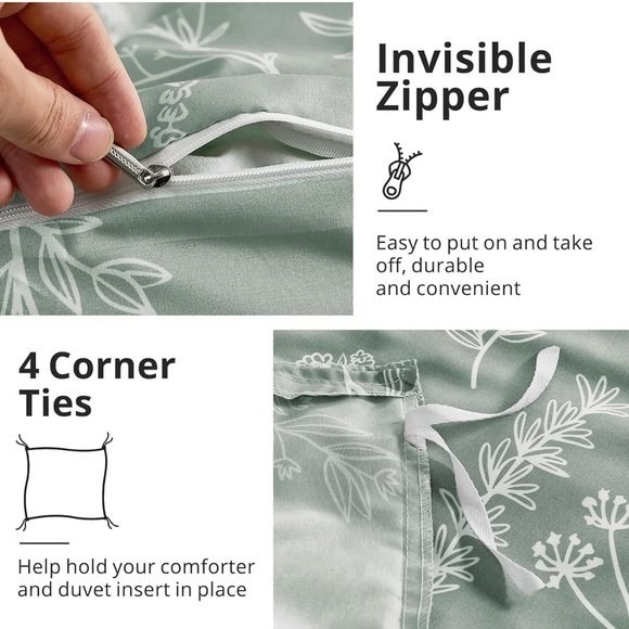 Duvet Cover Full Size, Reversible Floral Green Set Zipper 3 Pieces Botanical - Picture 4 of 5
